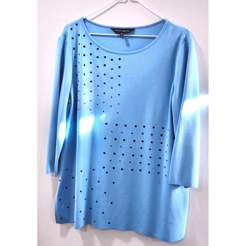 Ming Wang Light Blue Studded Knit Top 3/4 Sleeve Scoop Neck Size M